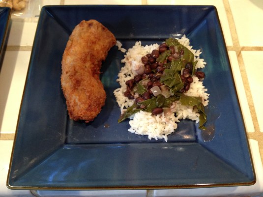 Dan's beer-battered rattlesnake with coconut rice and black beans