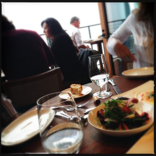 Salad, bread, a road-worn Shannen Doherty at the table next to us (what was she doing in the 90265!??) and the Pacific beyond...