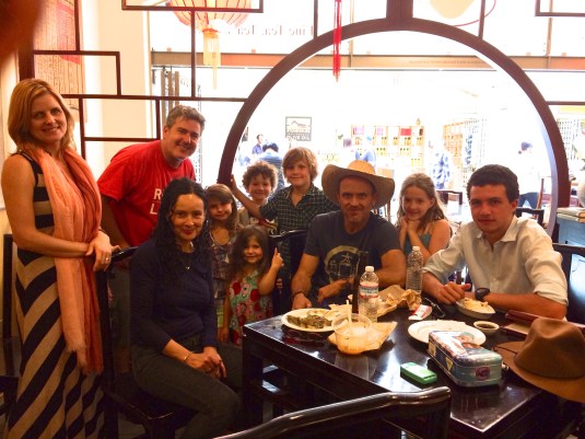 Our whole crew eating dumplings at the Imperial Tea Court in the Ferry Building, San Francisco