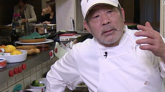 Tokyo chef Toshio Tanabe trying to explain why his dirt tasting menu is a good idea