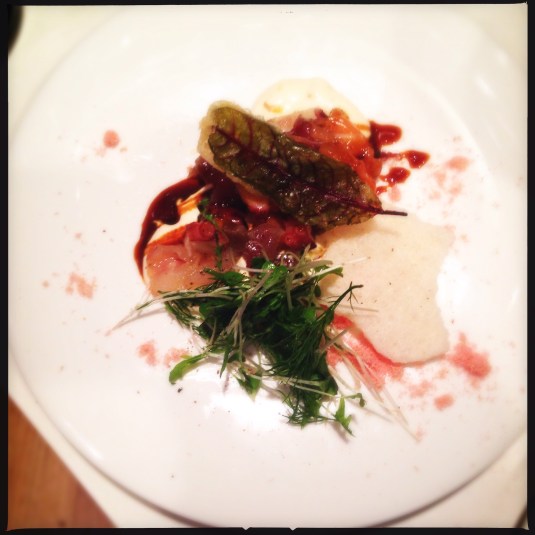 Course #1: "Fish & Flowers" — trio of seafood ceviche, fried sorrel, flower & herb salad, sea urchin whipped cream, sakura cod roe, rice cracker