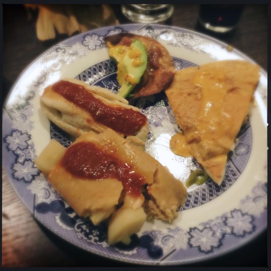 Two kinds of tamales, albacore tostada, roasted chile and wild mushroom quesadilla