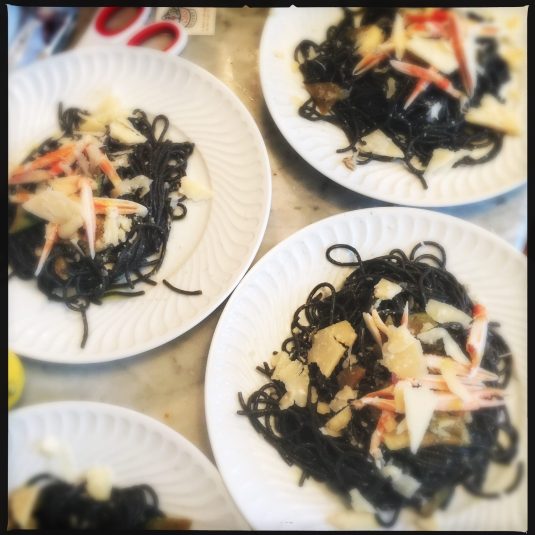 Spaghetti nero with mantis shrimp and artichoke hearts