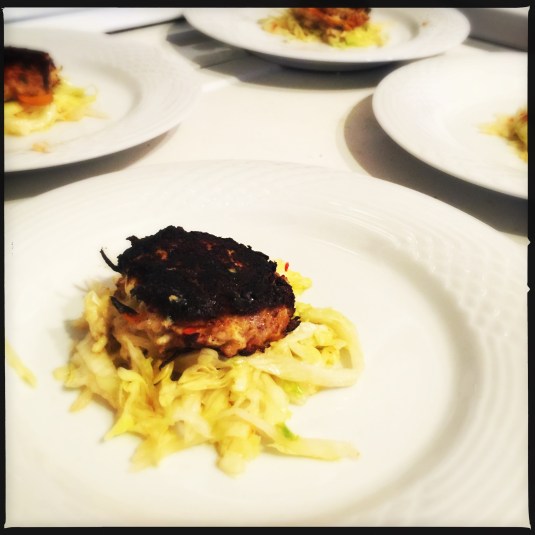Hawaiian-style crab cakes with sweet chili iceberg salad