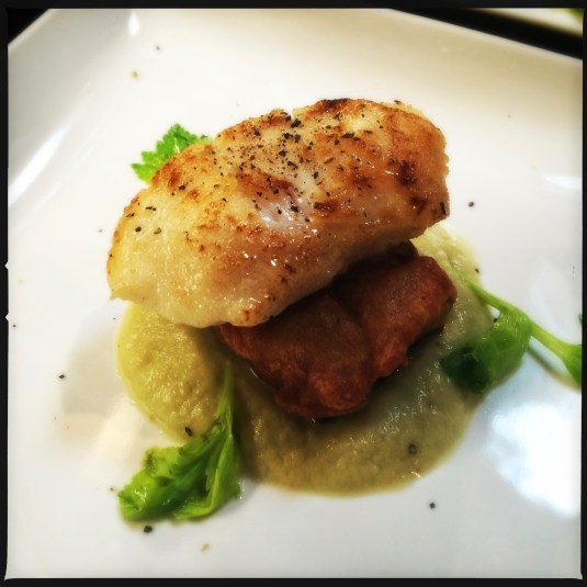Halibut cheeks with two kinds of eggplant